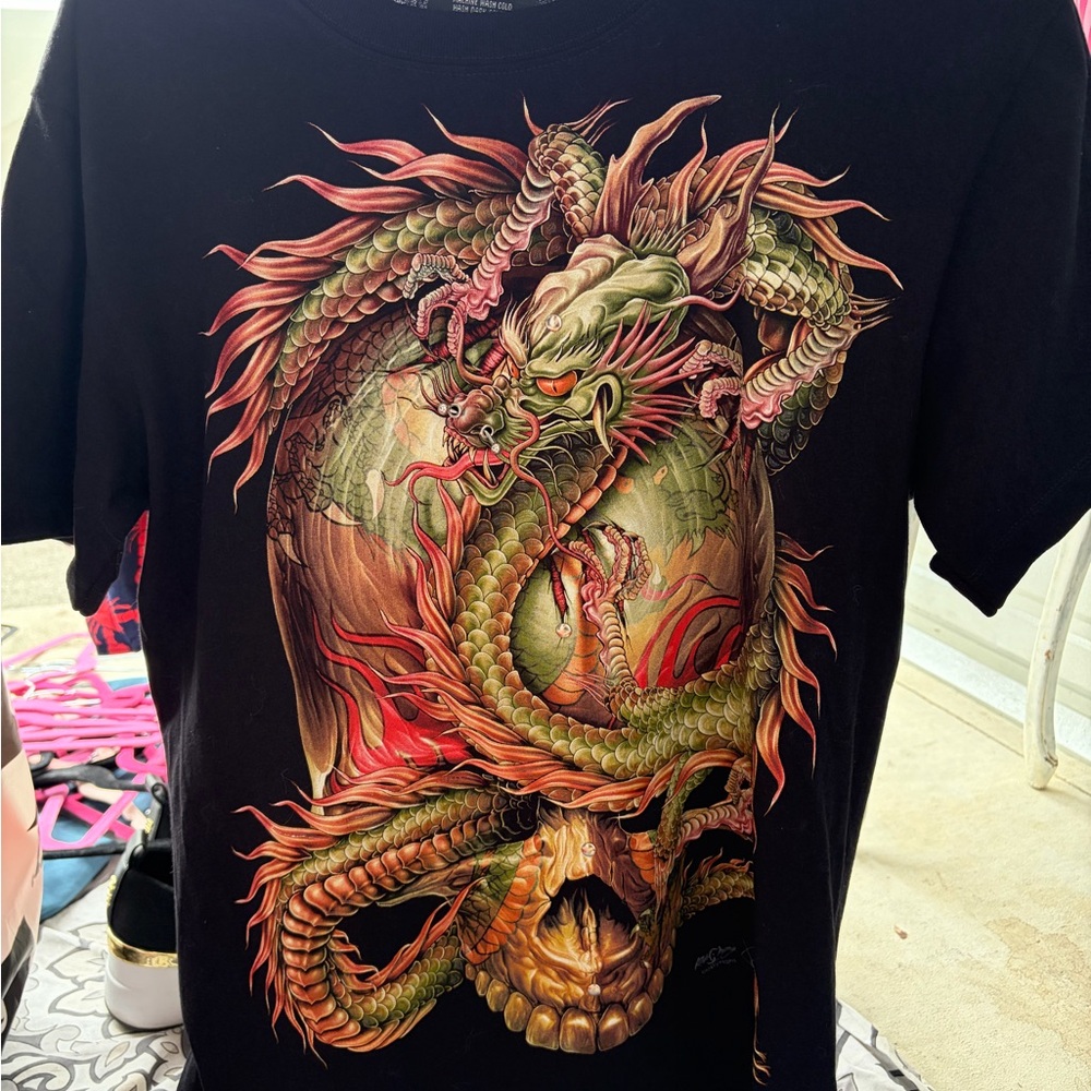 Men's Black Short Sleeve Tee with Glow Dragon Skull Graphic